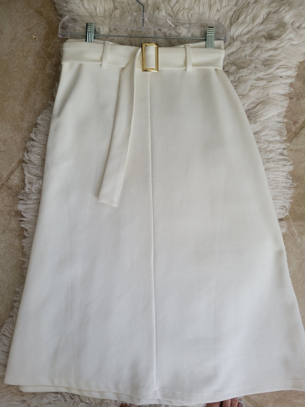 Zara Cream Midi A-Line Skirt with Gold Buckle Belt